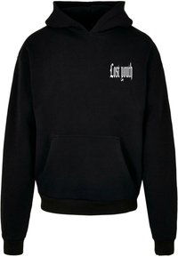 Black hooded sweatshirt with a front pocket, featuring white text "Lost youth" on the upper left corner. Cotton blend material.