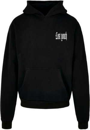 Black hooded sweatshirt with a front pocket, featuring white text "Lost youth" on the upper left corner. Cotton blend material.