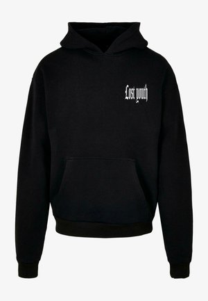 Black hooded sweatshirt with a front pocket, featuring white text "Lost youth" on the upper left corner. Cotton blend material.