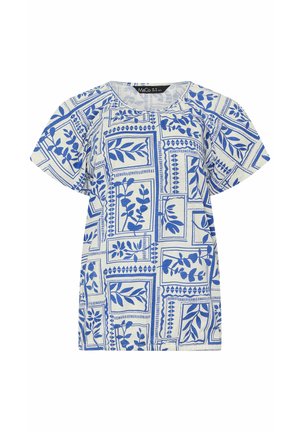 Witte blouse met korte mouwen, blauwe botanische prints in rechthoekige kaders, ronde halslijn en een losse pasvorm.