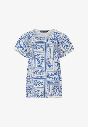 Weiße Kurzarmbluse mit blauen botanischen Drucken in rechteckigen Rahmen, Rundhalsausschnitt und lockerem Schnitt.