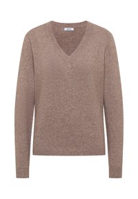 Brązowy sweter z dekoltem w serek, wykonany z miękkiej, teksturowanej tkaniny, z długimi rękawami i luźnym krojem, z ryflowanymi mankietami i dołem.