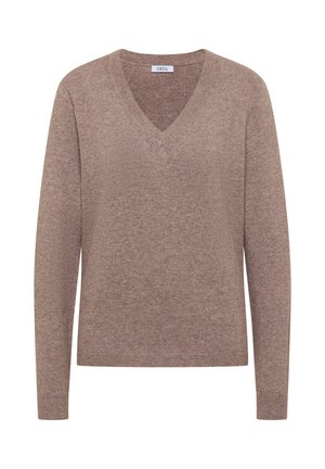 Braunfarbener V-Ausschnitt-Pullover aus einem weichen, strukturierten Stoff, mit langen Ärmeln und einer lockeren Passform. Er hat gerippte Bündchen und einen gerippten Saum.