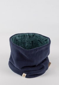 Fleece neck warmer in navy blue with geometric pattern in green inside. Features a textured exterior and a small fabric label.
