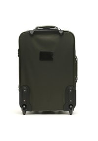 Valigia a rullo verde, realizzata in tessuto resistente. Presenta una forma rettangolare, accenti neri, ruote lisce e un'etichetta di identificazione frontale.