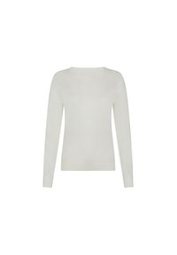 Maglione bianco a maniche lunghe realizzato in tessuto a maglia, con scollatura rotonda e polsini a costine. Texture liscia e leggera, senza motivi.