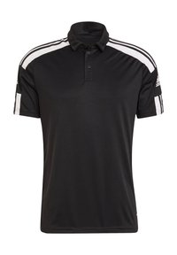 Zwarte polo met een kraag, een drieknoopssluiting en witte streepaccenten op de schouders. Gemaakt van een gladde stof.