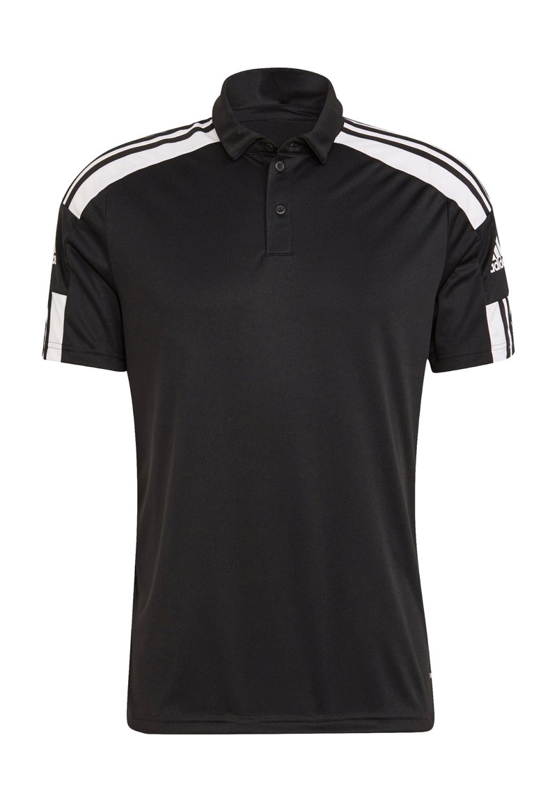 Zwarte polo met een kraag, een drieknoopssluiting en witte streepaccenten op de schouders. Gemaakt van een gladde stof.