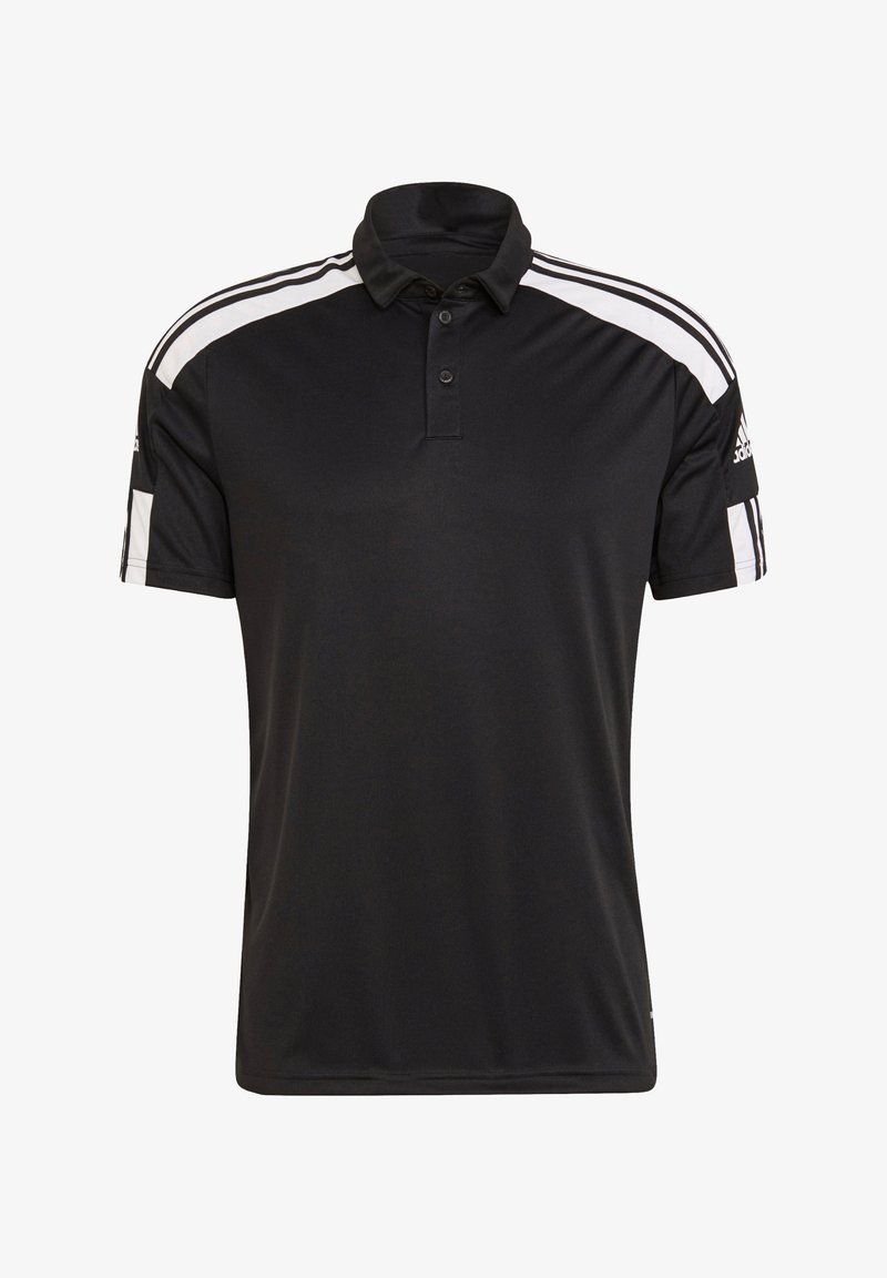 Zwarte polo met een kraag, een drieknoopssluiting en witte streepaccenten op de schouders. Gemaakt van een gladde stof.