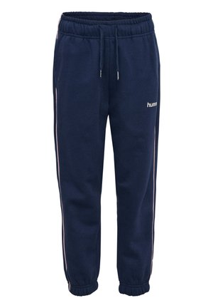 Granatowe dresy z elastycznym pasem i mankietami, sznurkiem do regulacji, bocznymi paskami oraz małym logo "hummel" na przedniej części uda.