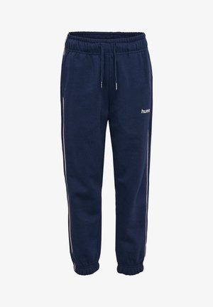 Marineblå joggingbukser med elastisk linning og manchetter, snøre, sidestriber og lille "hummel"-logo på forsiden af låret.