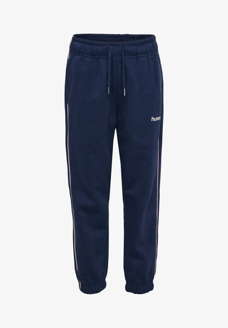 Granatowe dresy z elastycznym pasem i mankietami, sznurkiem do regulacji, bocznymi paskami oraz małym logo "hummel" na przedniej części uda.