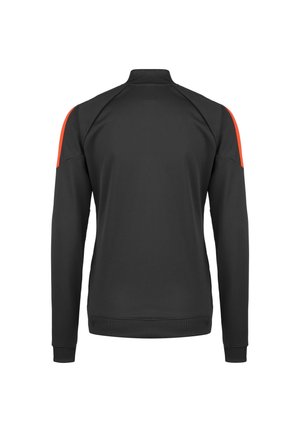 Pullover nero a maniche lunghe con colletto alto, caratterizzato da dettagli a spalla rossi a contrasto e polsini e orlo a coste. Tessuto liscio e elasticizzato.