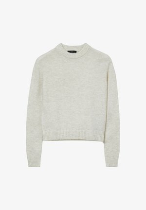 Pull en maille beige clair à col rond, avec des manches longues et des poignets et ourlet côtelés, présenté sur un fond blanc.