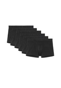 Black boxer briefs, six-pack, featuring a soft elastic waistband with embossed branding. Smooth fabric with a fitted design and no visible patterns.