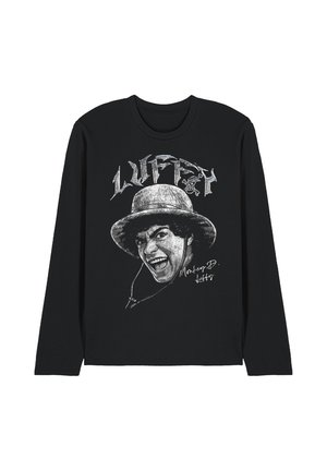 Black long-sleeve shirt featuring a black and white smiling face wearing a bucket hat, with stylized text "LUFFY" and a small skull and crossbones.