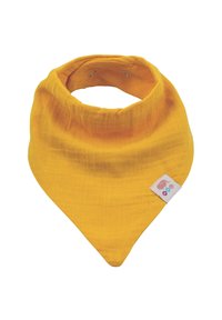 Bandana en coton jaune en forme triangulaire, avec une petite étiquette textile dans le coin. Texture lisse, design simple.