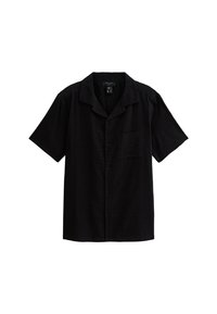 Short-sleeve black button-up shirt made of textured fabric, featuring a chest pocket and a camp collar design.