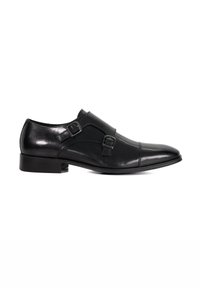 Black leather dress shoe with smooth texture, dual buckle accents, rounded toe, and subtle stitching details. Low heel design.