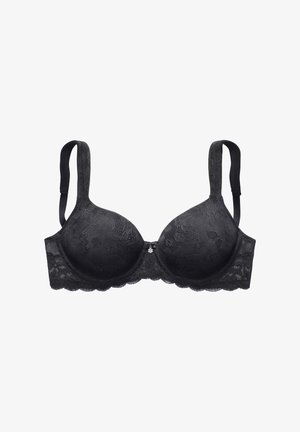 Black lace bra with underwire, molded cups, adjustable straps, scalloped edges, and a small decorative hardware accent at the center.