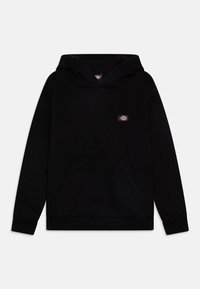 Black hoodie made of cotton blend, featuring a front pocket and a large, soft hood. Includes a small logo patch on the chest.