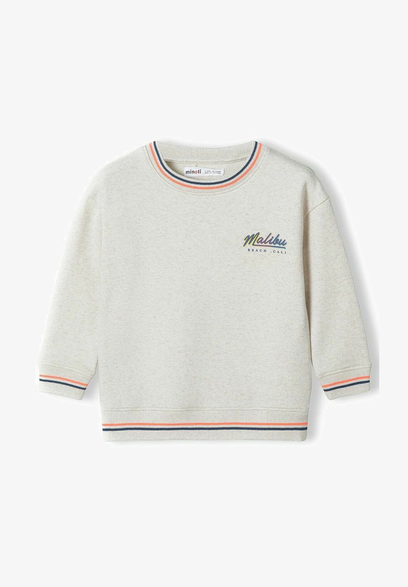Világosszürke pulóver kerek nyakkal, háromnegyedes ujjakkal és kontrasztos bordázott részekkel kék, narancs és szürke színben. "Malibu" hímzett logó.