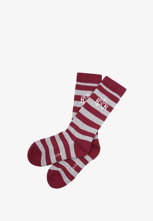 Burgunder- und graue gestreifte Socken mit geripptem Bündchen, versehen mit einem weißen gestickten Logo und Größenangaben auf der Zehe.