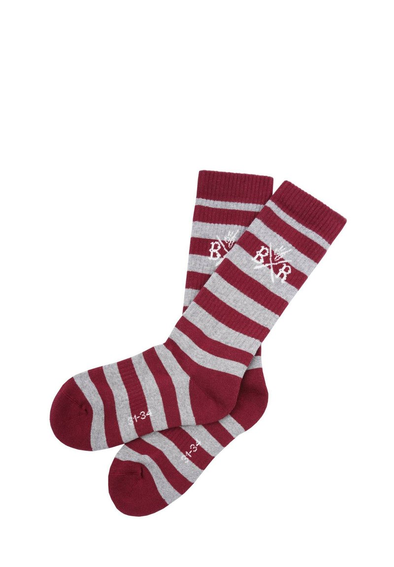 Vinröda och grå randiga strumpor med ribbad kant, med en vit broderad logotyp och storleksmarkeringar på tån.