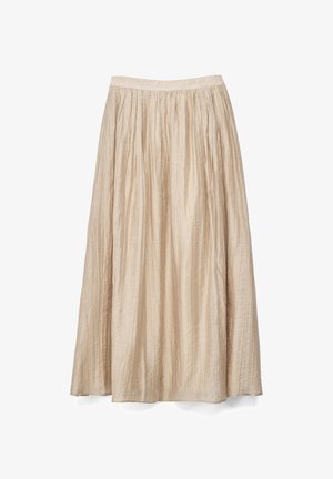 Beige geplooide midi-rok met licht glanzende, gestructureerde stof en een aansluitende tailleband.