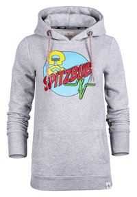 Gray hoodie with a front graphic of a mustachioed character and the text "SPITZBUB." Features a drawstring hood and a kangaroo pocket.