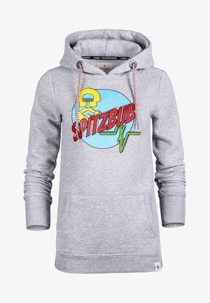 Grauer Hoodie mit einem Front-Graphic eines Schnurrbartcharakters und dem Text "SPITZBUB." Verfügt über eine Kapuze mit Kordelzug und eine Kängurutasche.