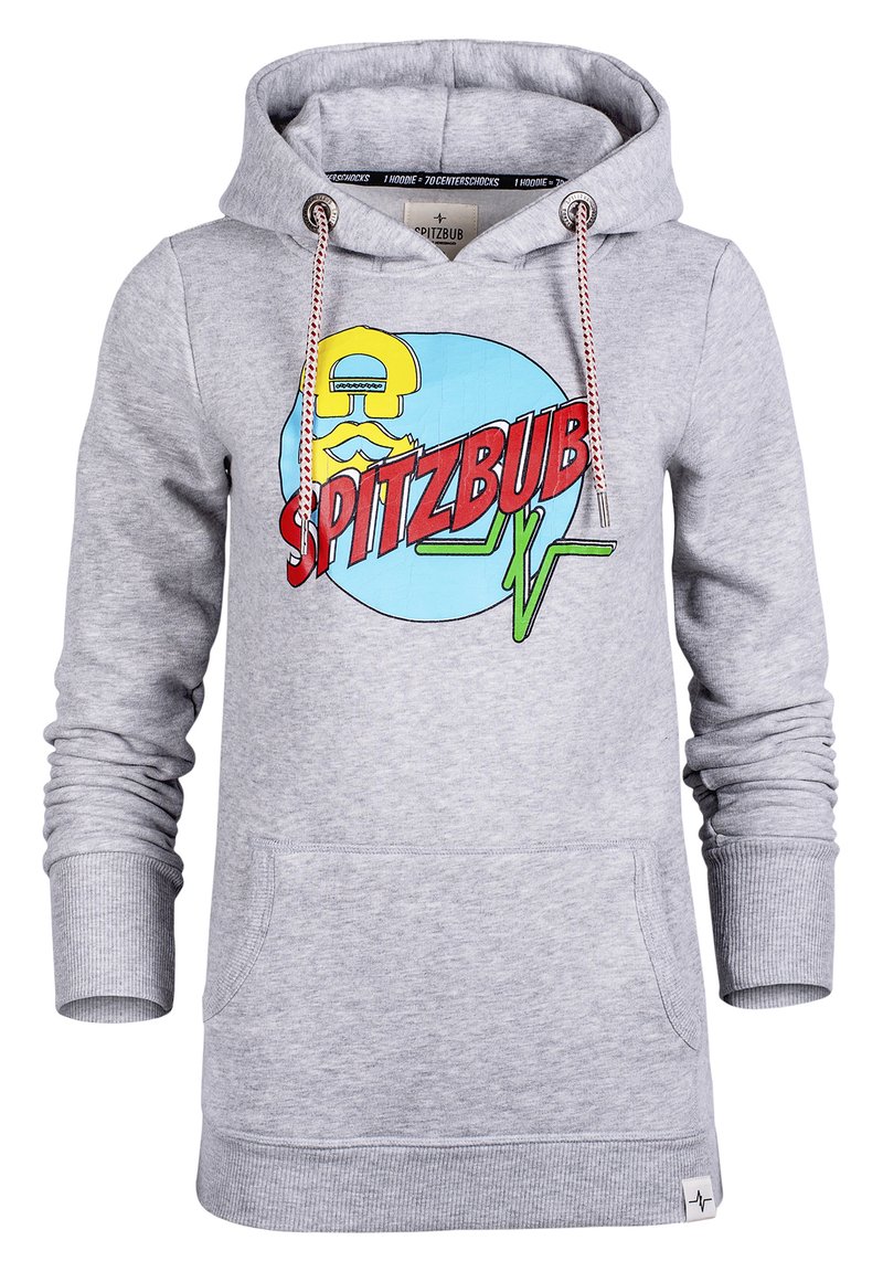Gray hoodie with a front graphic of a mustachioed character and the text "SPITZBUB." Features a drawstring hood and a kangaroo pocket.