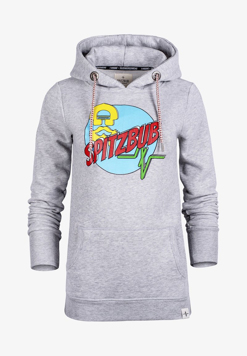 Gray hoodie with a front graphic of a mustachioed character and the text "SPITZBUB." Features a drawstring hood and a kangaroo pocket.