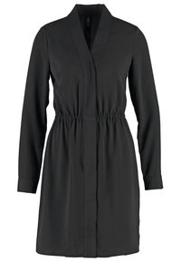 Svart klänning med långa ärmar, sjalkrage, elastisk midja och en slät yta. Har en knapplös front och handledskjolar.