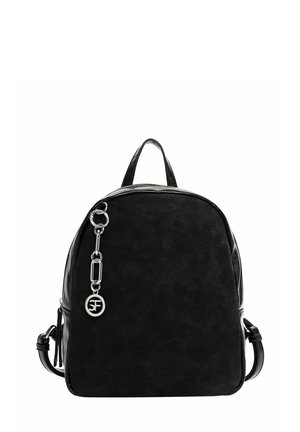 Black faux leather backpack with a rounded shape, silver hardware, and a chain accent. It features two shoulder straps and a top handle.