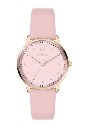 Orologio rotondo con cinturino in pelle rosa e cassa in metallo color oro rosa. Quadrante rosa con indici e lancette dorate, cinturino con texture.