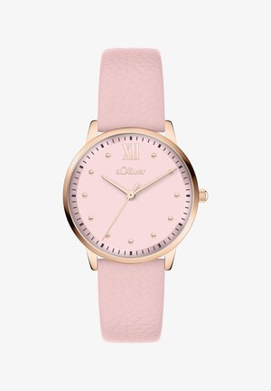 Runde Uhr mit einem rosa Lederarmband und einem Gehäuse aus Roségold. Das rosa Zifferblatt verfügt über goldene Stundenmarkierungen und Zeiger, mit einem strukturierten Armband.