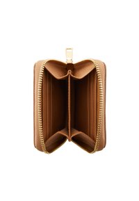 Braunes Lederportemonnaie mit einem Reißverschluss-Design, das zwei Fächer und goldfarbene Hardware-Details entlang des Reißverschlusses aufweist.