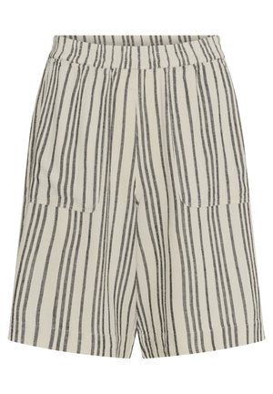Shorts à taille élastique de couleur beige clair avec des rayures verticales noires. Comprend deux poches avant et une coupe détendue et droite.