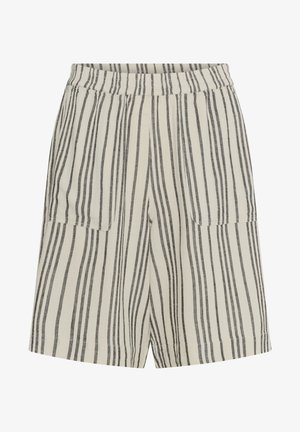 Elastični šortsi v svetlem bež odtenku z črnimi navpičnimi črtami. Imajo dve sprednji žep in sproščen, ravno krojen kosi.