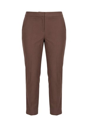 Brown tailored slim-fit trousers with a flat front and ankle-length hem, shown on a white background.