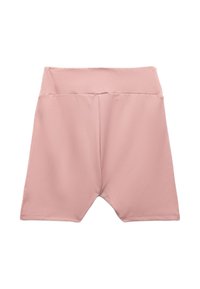 Pantaloni corti elasticizzati rosa con una vita alta, texture liscia e design sportivo. Senza cuciture visibili e caratterizzati da un taglio semplice.