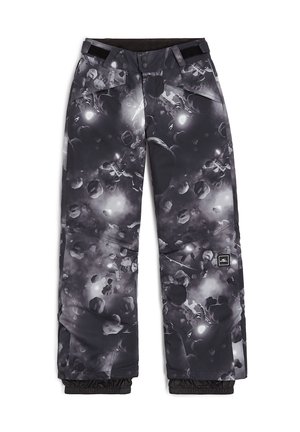 Pantalons de ski avec un motif abstrait noir et blanc, dotés d'un matériau résistant à l'eau, d'une taille ajustable et de poignets élastiques pour un bon ajustement.