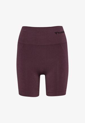 Korte, getailleerde shorts in een donkere paarse kleur. Gemaakt van een zacht, rekbaar materiaal met een brede, elastische tailleband en subtiele branding.
