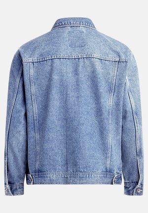 Light blue denim jacket with a classic design, featuring a pointed collar, button fastenings, and side pockets. Smooth texture, no patterns.