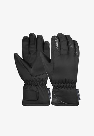 Zwarte winterhandschoenen met een gladde buitenkant, geïsoleerde voering, verstelbare polsbanden en decoratieve stiksels.