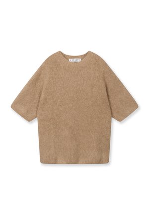 Oversized, short-sleeve sweater in soft beige material, featuring a round neckline and a slightly textured finish. Minimalist design.