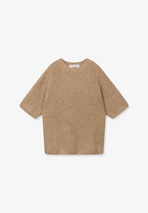 Oversized, kortærmet sweater i blødt beige materiale med rund halsudskæring og let tekstureret finish. Minimalistisk design.