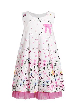 Weißes ärmelloses Mädchenkleid mit pinkem und lila floralem und Schmetterlingsdruck, pinker Schleife auf der Brust und pinkem Tüllsaum.