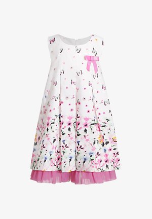 Weißes ärmelloses Mädchenkleid mit pinkem und lila floralem und Schmetterlingsdruck, pinker Schleife auf der Brust und pinkem Tüllsaum.